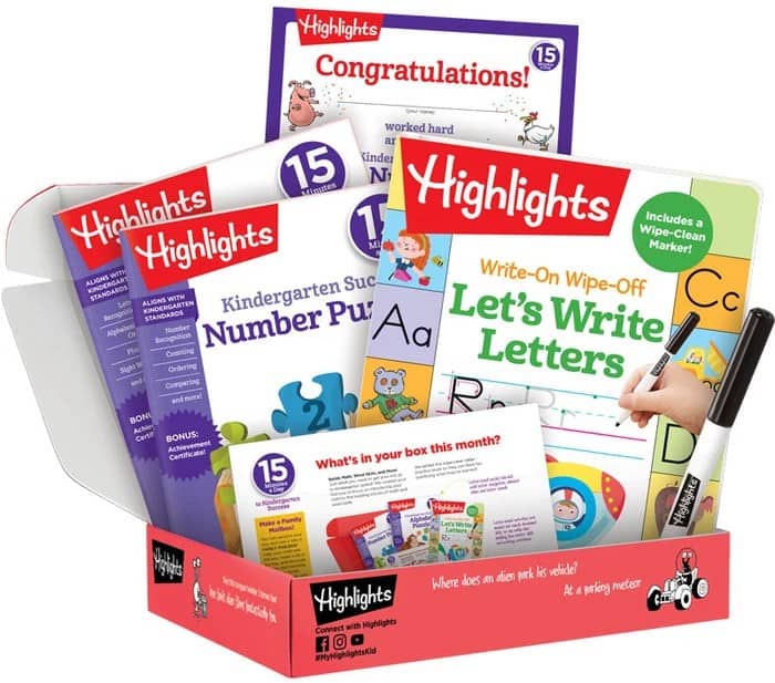 A Highlights activity box contains magazines, a wipe-off letters book with marker, and a Congratulations card. Labeled for ages 3-6, its filled with colorful educational materials designed to help prevent summer learning loss in young children.