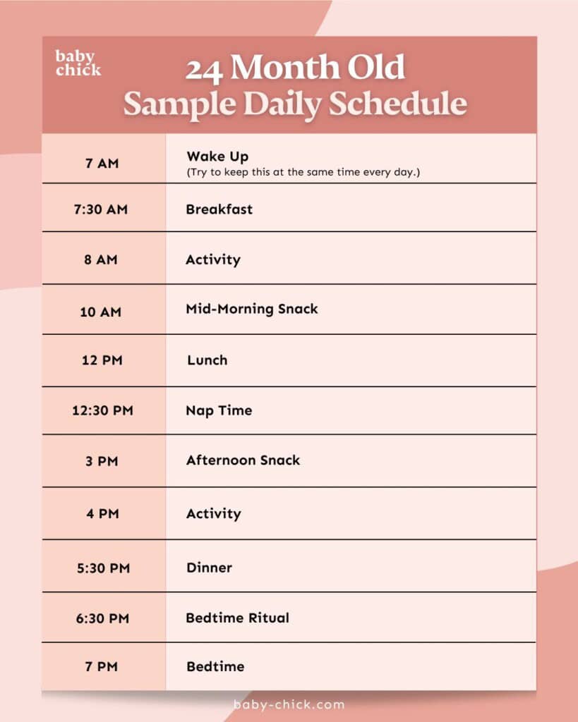 A daily 2-year-old sleep schedule for your 24-month-old, featuring wake up, meals, activities, naps, and bedtime rituals—all on a pretty pink and beige background. Wondering how much sleep does a 2-year-old need? This guide has you covered.