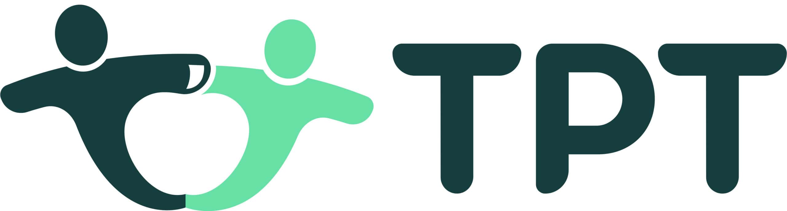 Two abstract human figures, one dark green and one light green, form an apple shape together—symbolizing unity in preventing summer learning loss—next to bold dark green letters spelling TPT.