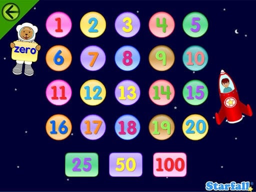 Bright, colorful screen with numbers 0–20, 25, 50, and 100 on round buttons. A cartoon astronaut holds a zero sign to combat summer learning loss while a child in a red rocket floats by. The background is a starry night sky.