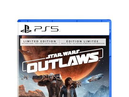 A cartridge box for the game Star Wars Outlaws with the lead characters on the front.