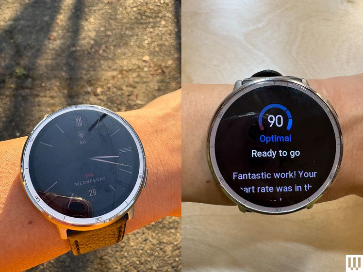 Front view of Amazfit Active 2 smartwatch, showing the large display screen both outdoors and indoors